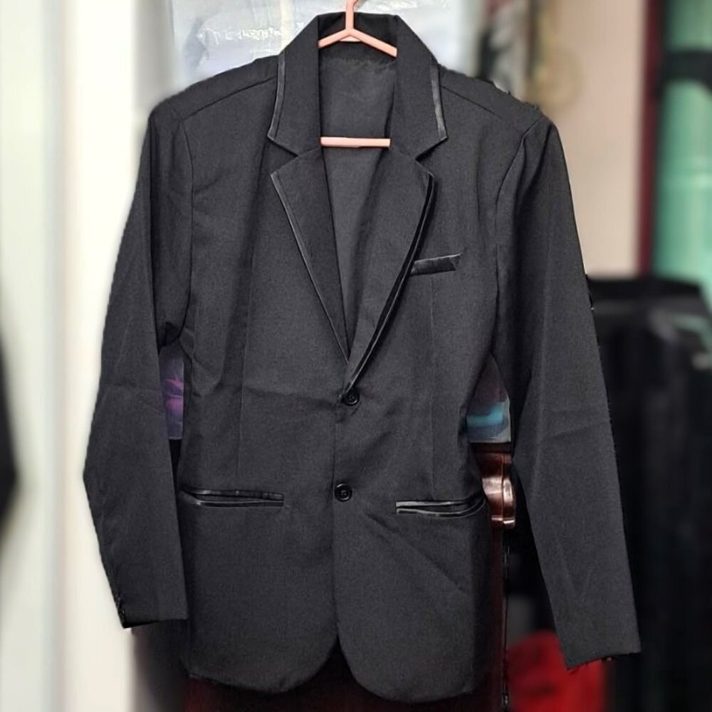 Classic Black Blazer with Sleek Satin Contrast Lapels & Pockets